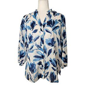 Alfred Dunner Shirt White Blue Floral Button Up Top 3/4 Sleeve Size 18 100% Cott